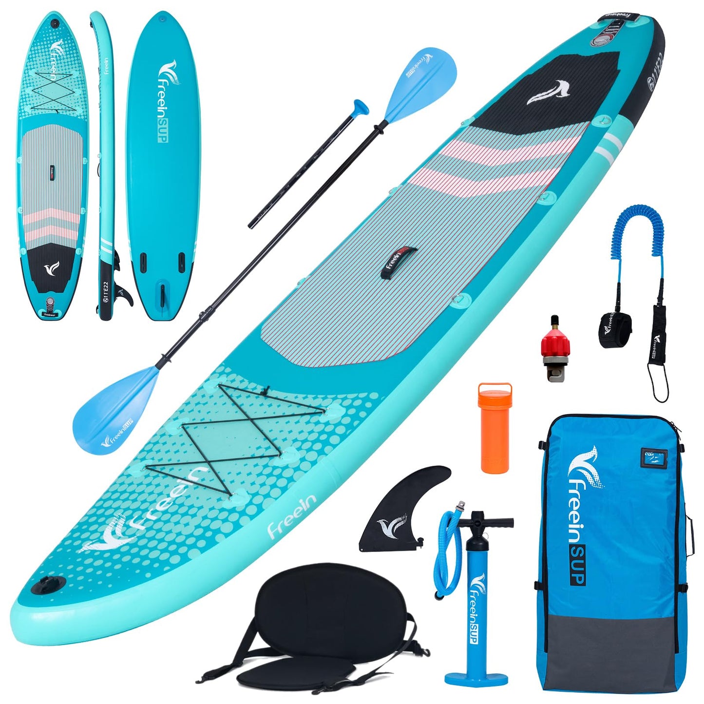Freein Inflatable Stand Up Paddle Board ，Capacity 2-in-1 SUP/Kayak with Adjustable Seat ，Electric Pump Adapter ，Non-Slip Diamond Deck & Travel Backpack ，for Adults/Fishing/Yoga (Aqua, 11')