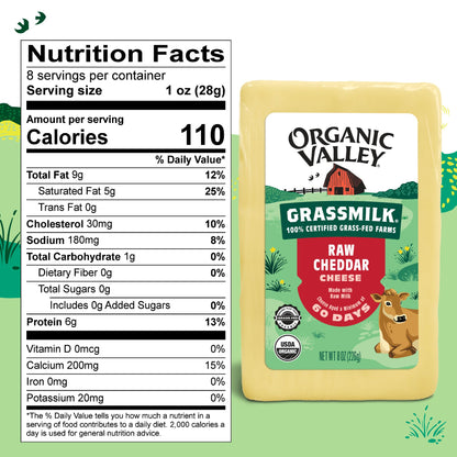 Organic Valley Gourmet Grassmilk Raw Organic Cheddar Cheese Block — Grass-Fed, No Added Hormones — 8 Oz