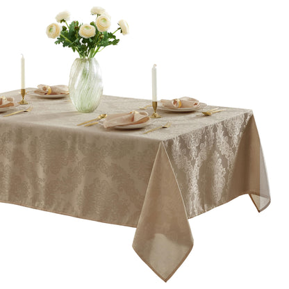 Newbridge Barcelona Luxury Damask Fabric Tablecloth, 70” Extra Wide x 90” Rectangle, Golden Beige, 100% Polyester, No Iron, Soil Resistant Dining Room, Party and Banquet Table Cover