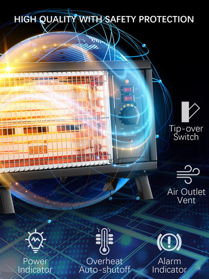 JASUN Portable Space Heater Electric Radiant Heater Fast Heating with Adjustable Thermostat, Portable Indoor Heater with Handle Quiet Energy-Saving 1250W/1500W for Office Home Garage Bedroom Black