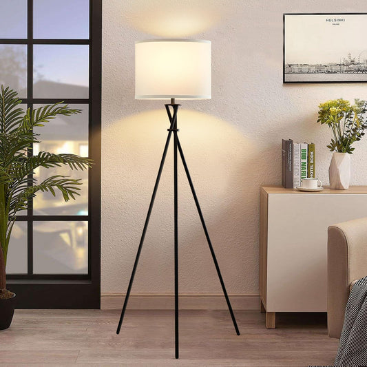 Floor Lamp for Living Room, 61'' Modern Tripod Floor Lamps with White Shade & Rotary Switch, Black Floor lamp for Bedroom, Office, Simple Design Lamp