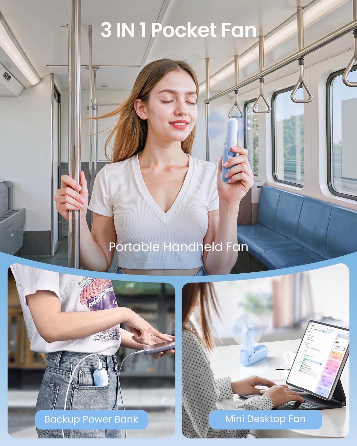 GAIATOP Portable Handheld Fan, 3 IN 1 Mini Foldable Travel Fans [17H Max Cooling Time] with Power Bank, Pocket Design USB Rechargeable for Travel Concert Lash Makeup, Summer Gifts for Women Girl, Blue