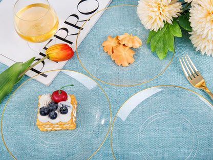 Nervure 100Pieces Clear and Gold Rim Plastic Plates - 7.5inch Disposabl Salad Dessert Plate - Clear and Gold Party Plates Ideal for Wedding & Party