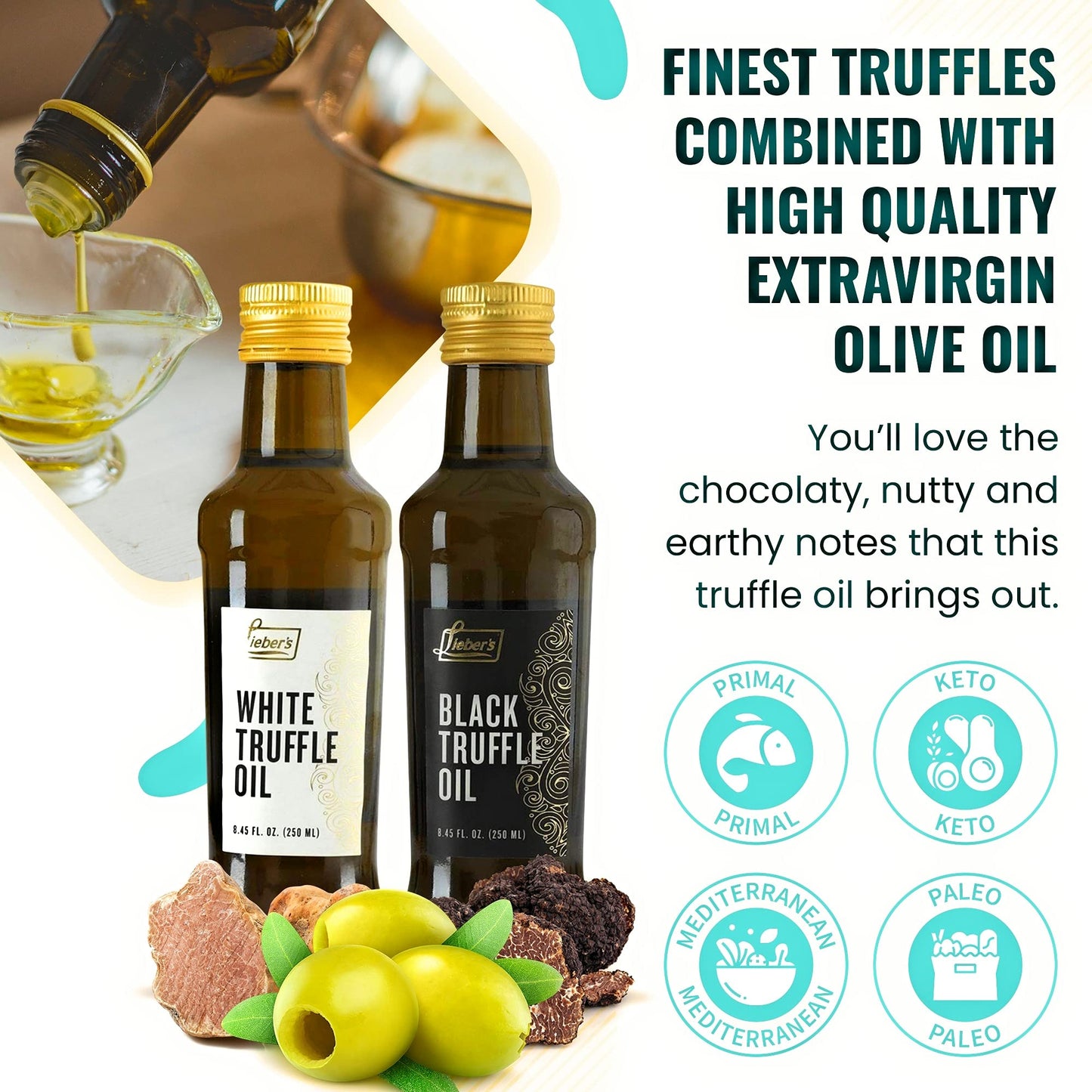 Lieber’s Black & White Truffle Oil Bundle | Premium Truffle Oil for Cooking, Salad Dressing, Garnish | This Gourmet Olive Oil Is Vegan, Vegetarian & Gluten Free | 8.45 Fl Oz Glass Bottle