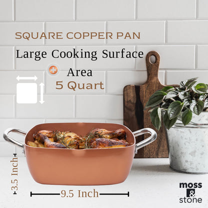 Moss & Stone 5 Pcs Copper Chef Cookware Non Stick Deep Frying Pan, Fry Basket, Steamer Rack, Dishwasher & Oven Safe, 5 Qt Deep Square Pan, Induction Copper Cookware Set - 9.5" x 3.5"