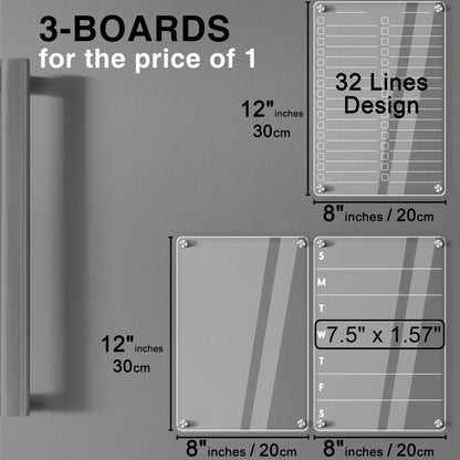Acrylic Magnetic Dry Erase Board for Fridge 3 Pcs, Clear Fridge Whiteboard to Do List White Board for Refrigerator Weekly Meal Planner Menu Board for Kitchen Fridge Calendar Magnet