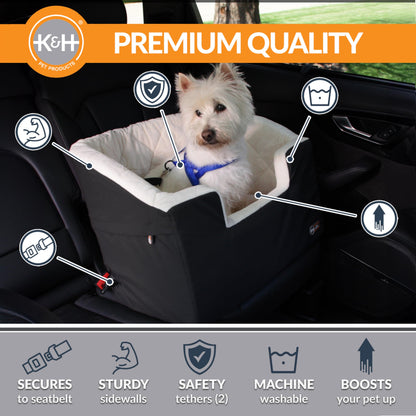 K&H Pet Products Bucket Booster Dog Car Seat for Small Dogs, Seat Belt Secured, 2 Safety Leashes, Washable Covers, Sturdy Pet Booster Seats for Traveling with Pets - Small Black/Cream