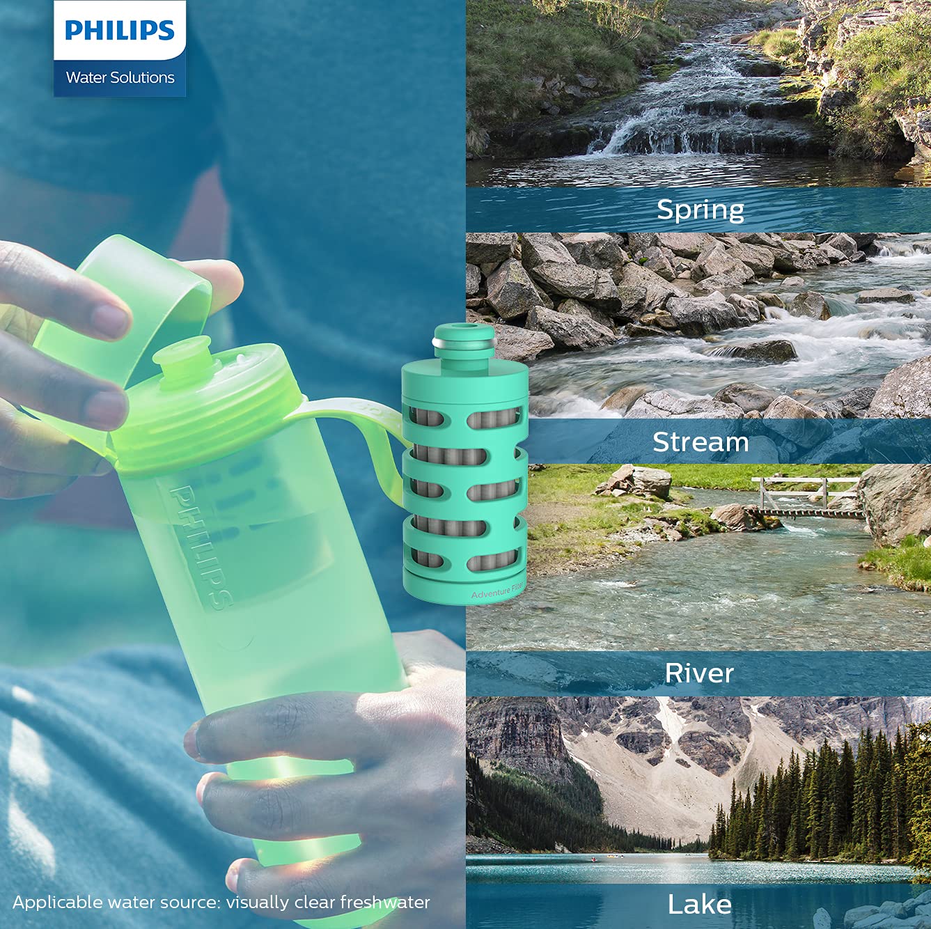 PHILIPS Water GoZero Active BPA-Free Water Bottle with River/Lake/Spring Water Filter for Hiking Camping, Sport Squeeze Water Bottle, Lightweight, Blue, 20 oz with Adventure Filter, Green