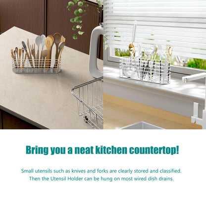 NiuYichee 304 Stainless Steel Utensil Holder, Dish Drying Rack, kitchen Utensil Organizer, Knife and Fork Drainage Rack, Kitchen Drainage Basket Accessories, With Hooks, Rust Proof, Color-Silver