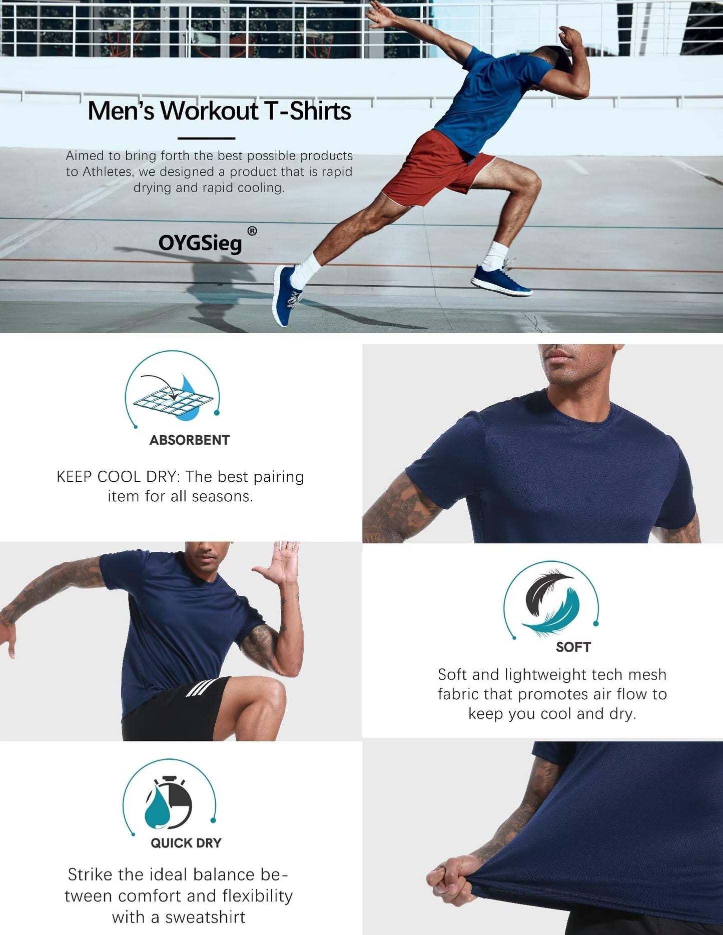 OYGSieg 6 Pack Workout Shirts for Men Short Sleeve Athletic Active Tops Quick Dry Crew Neck T Shirt for Running XL