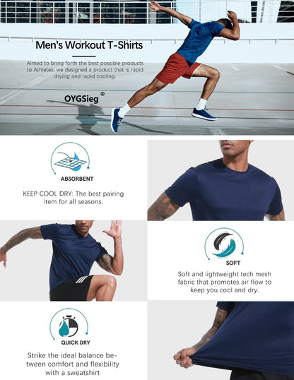 OYGSieg 6 Pack Workout Shirts for Men Short Sleeve Athletic Active Tops Quick Dry Crew Neck T Shirt for Running XL