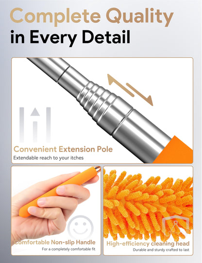 Microfiber Duster for Cleaning, Tukuos Hand Washable Dusters with 4pcs Replaceable Microfiber Heads, Extendable Pole, Detachable Cleaning Supplies for Office, Car, Window, Furniture, Ceiling Fan