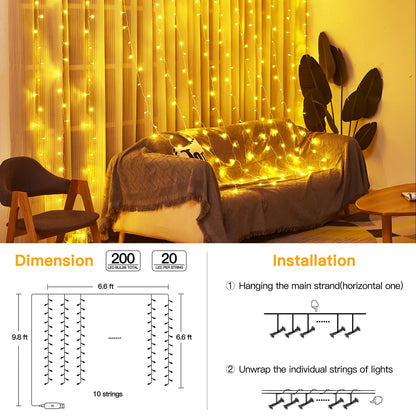 Ollny Curtain Lights 6.6x6.6ft, 200 LED String Lights with Remote 8 Modes Dimmable Timer, USB Power Fairy Light for Bedroom Backdrop Indoor Wall Window Wedding Decor, Warm White