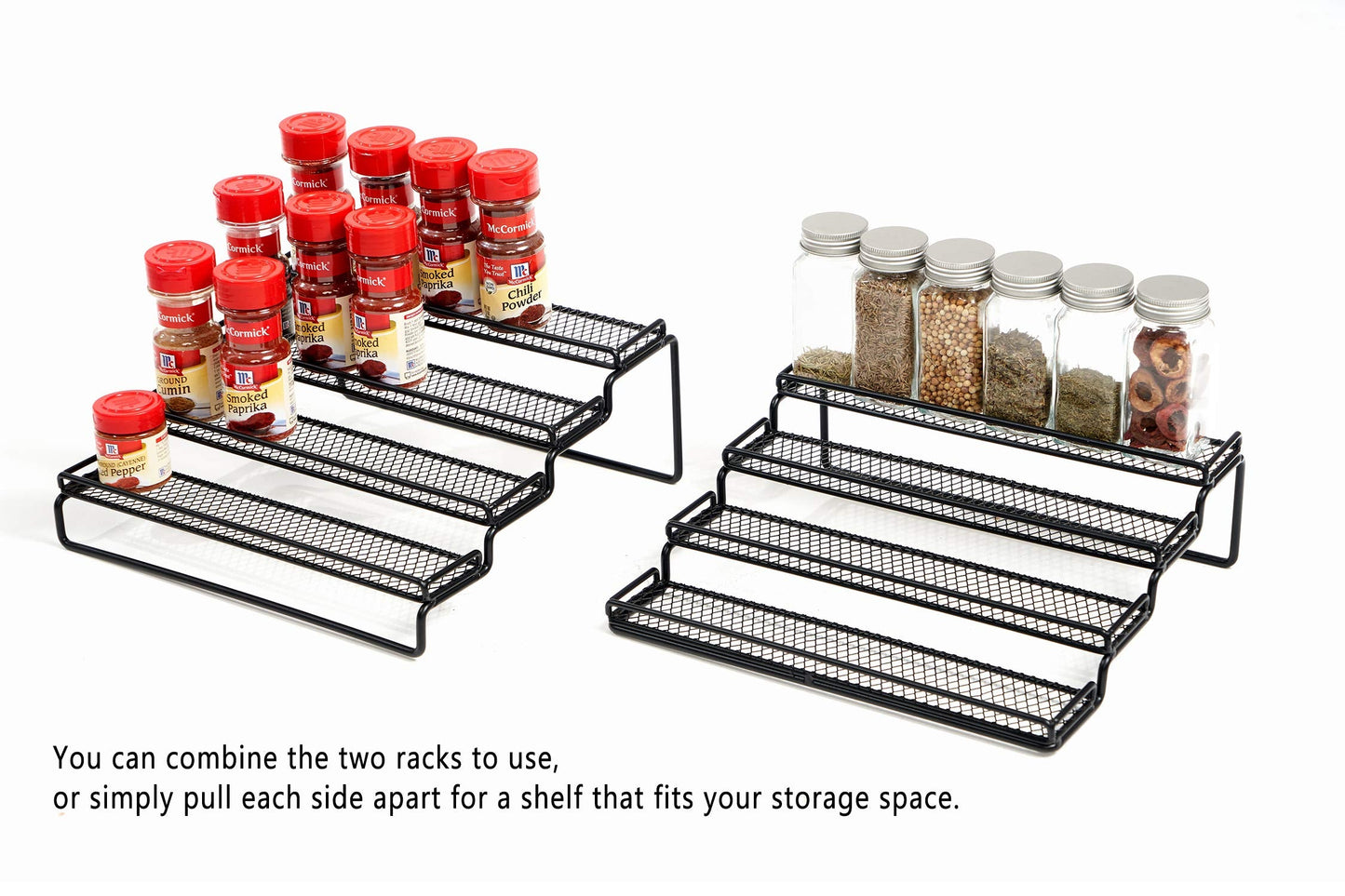 MEIQIHOME 4 Tier Expandable Spice Rack Organizer (11.4 to 22.8 Inch) Step Shelf Spice Storage Holder, for Kitchen Cabinet Countertop Cupboard Pantry, Metal, Black