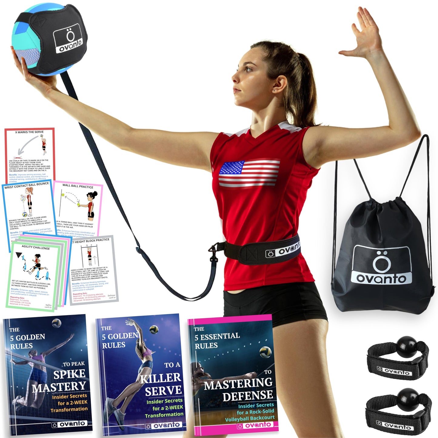 OVANTO Volleyball Training Equipment Aid – Adjustable Practice Hitting Rebounder in 4 Styles to Serve, Spike, Set, and Pass Like a Pro - Volleyball Practice Equipment Gift for Beginners & Experts