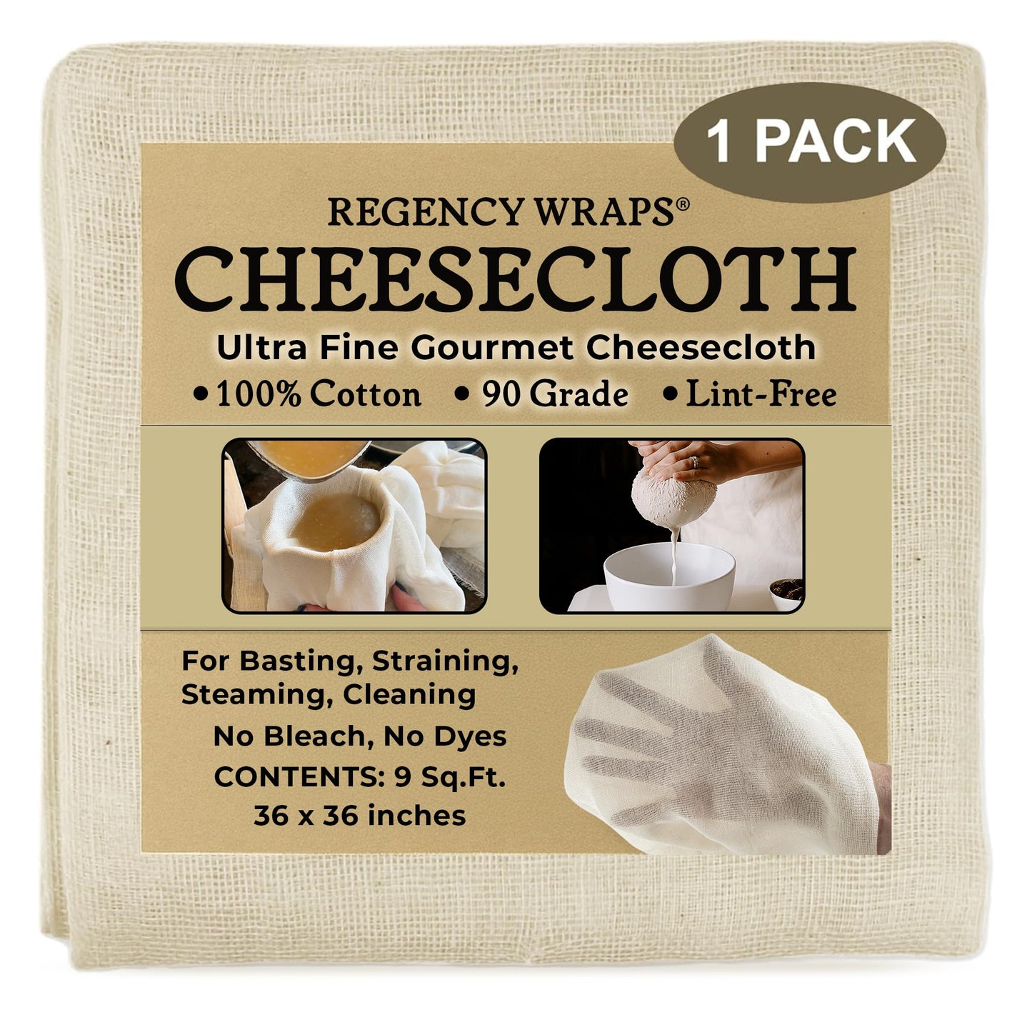 Regency Wraps 100% Cotton Ultra Fine Natural Cheese Cloth, 9 sq.ft 36" X36" 1pc, Chef Grade for Basting Turkey, Canning, Straining, Cheesemaking