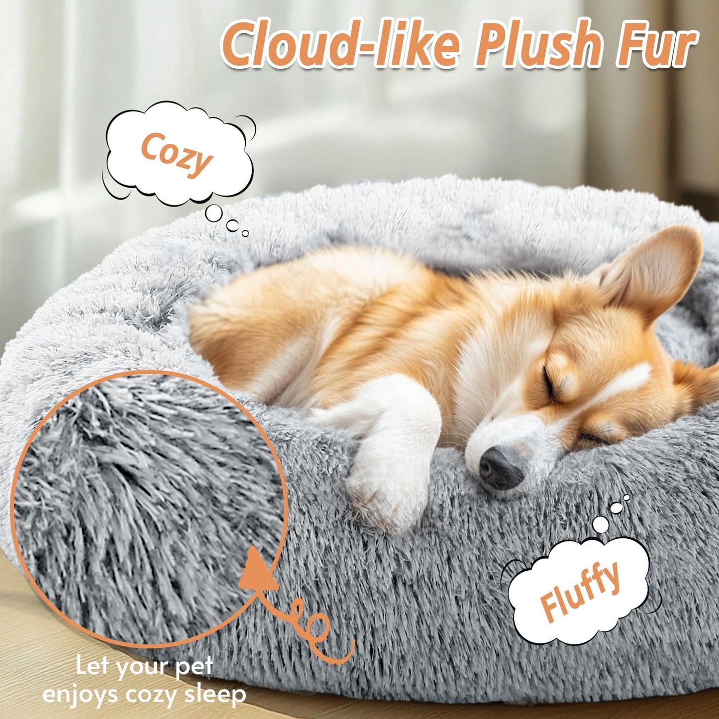 JOLLYVOGUE Calming Dog & Cat Bed for Small Dogs, Anti-Anxiety Donut Cuddler Cozy Soft Round Bed with Anti-Slip Bottom, Fluffy Faux Fur Plush Cushion Beds for Small Medium Dogs (20")