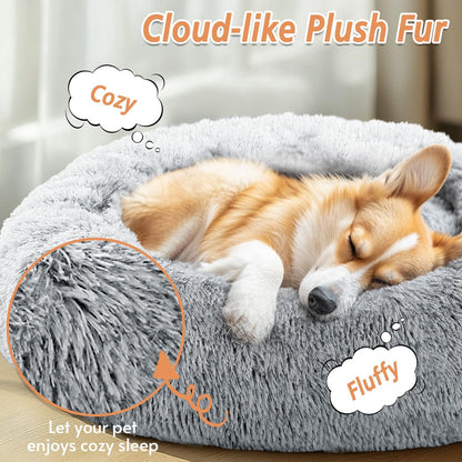 JOLLYVOGUE Calming Dog & Cat Bed for Small Dogs, Anti-Anxiety Donut Cuddler Cozy Soft Round Bed with Anti-Slip Bottom, Fluffy Faux Fur Plush Cushion Beds for Small Medium Dogs (20")