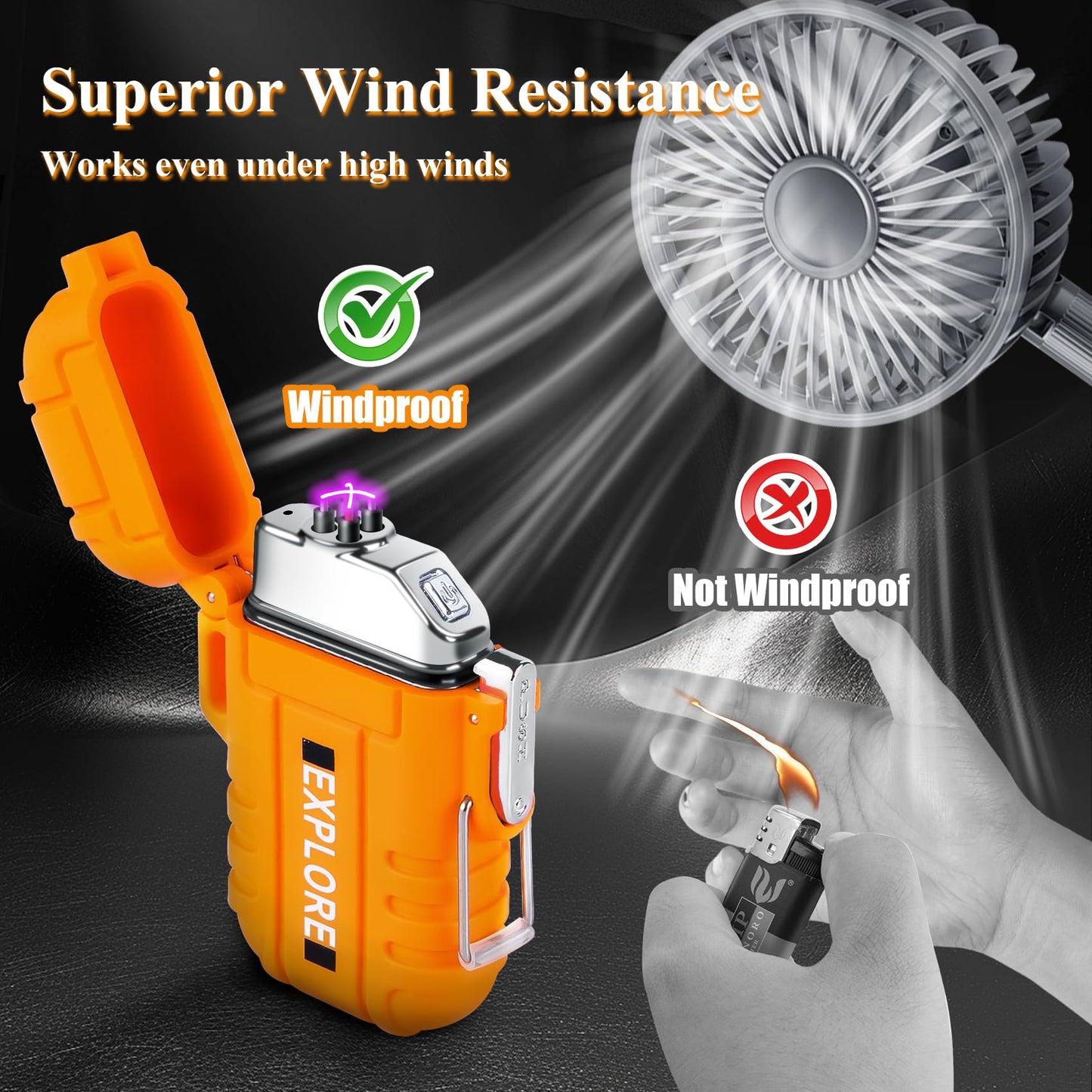 LcFun Electric Lighter - USB C Rechargeable, Windproof, Waterproof Flameless Dual Arc Plasma Lighters with Portable Lanyard for Adventure, Survival Tactical, Camping Gadgets for Men (Orange)