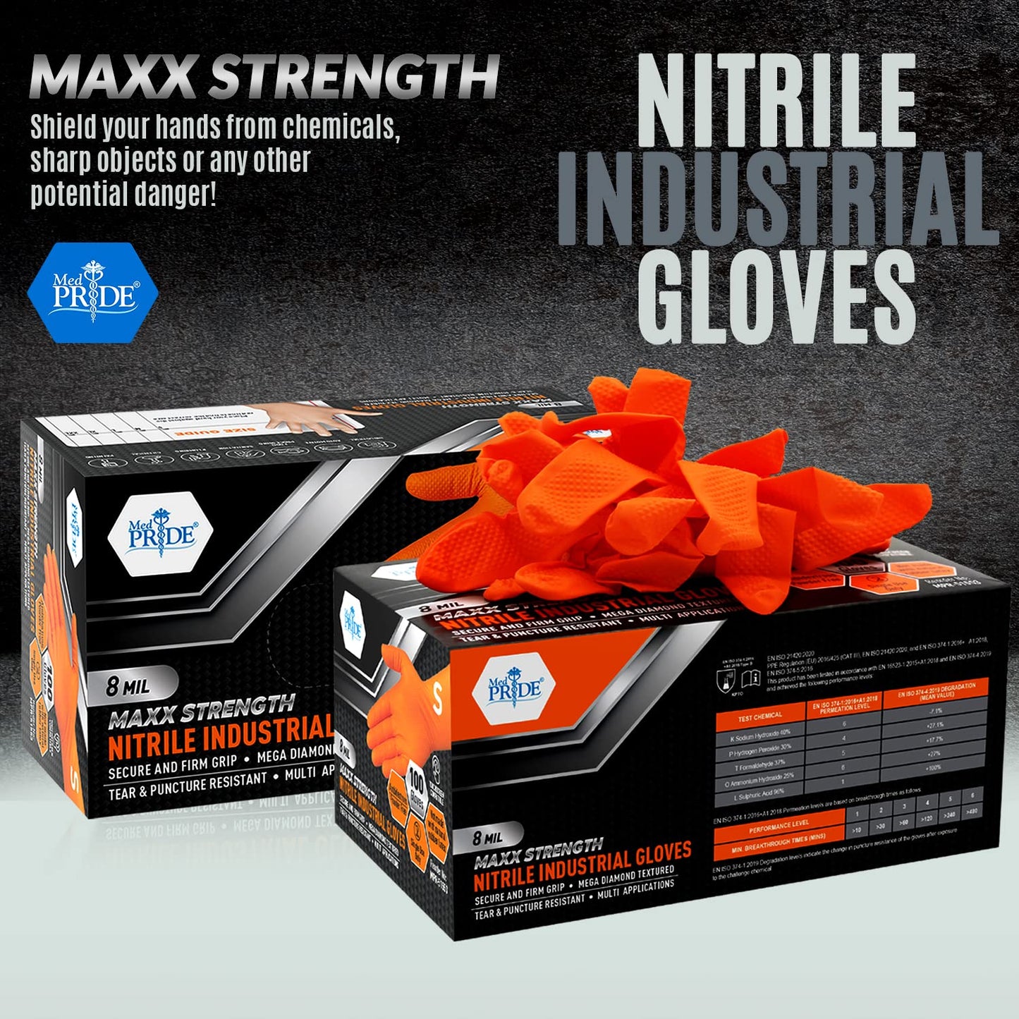 MED PRIDE Maxx Strength Nitrile Industrial 8 Mil Thick 1000 Gloves/Medium - Diamond Texture Disposable Safety- Heavy-Duty, Tear-Resistant Mechanic Automotive Food Handling Gloves- Orange