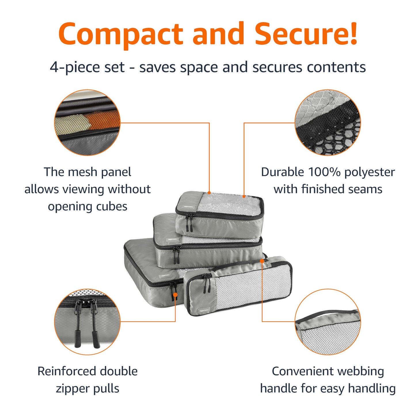 Amazon Basics Lightweight Packing Cubes Travel Organizer Set with Double Zipper, Mesh Top, Multiple Sizes, 4 Piece, Gray