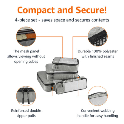 Amazon Basics Lightweight Packing Cubes Travel Organizer Set with Double Zipper, Mesh Top, Multiple Sizes, 4 Piece, Gray
