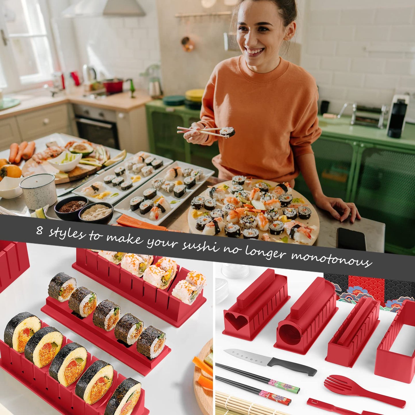 HI NINGER Sushi Making Kit Deluxe Edition Complete Sushi Maker Kit 12PCS Home Sushi Mold Press with Sushi Rice Roll Mold Shapes,Fork , Sushi Knife,Sushi Rolling Mat,Chopsticks