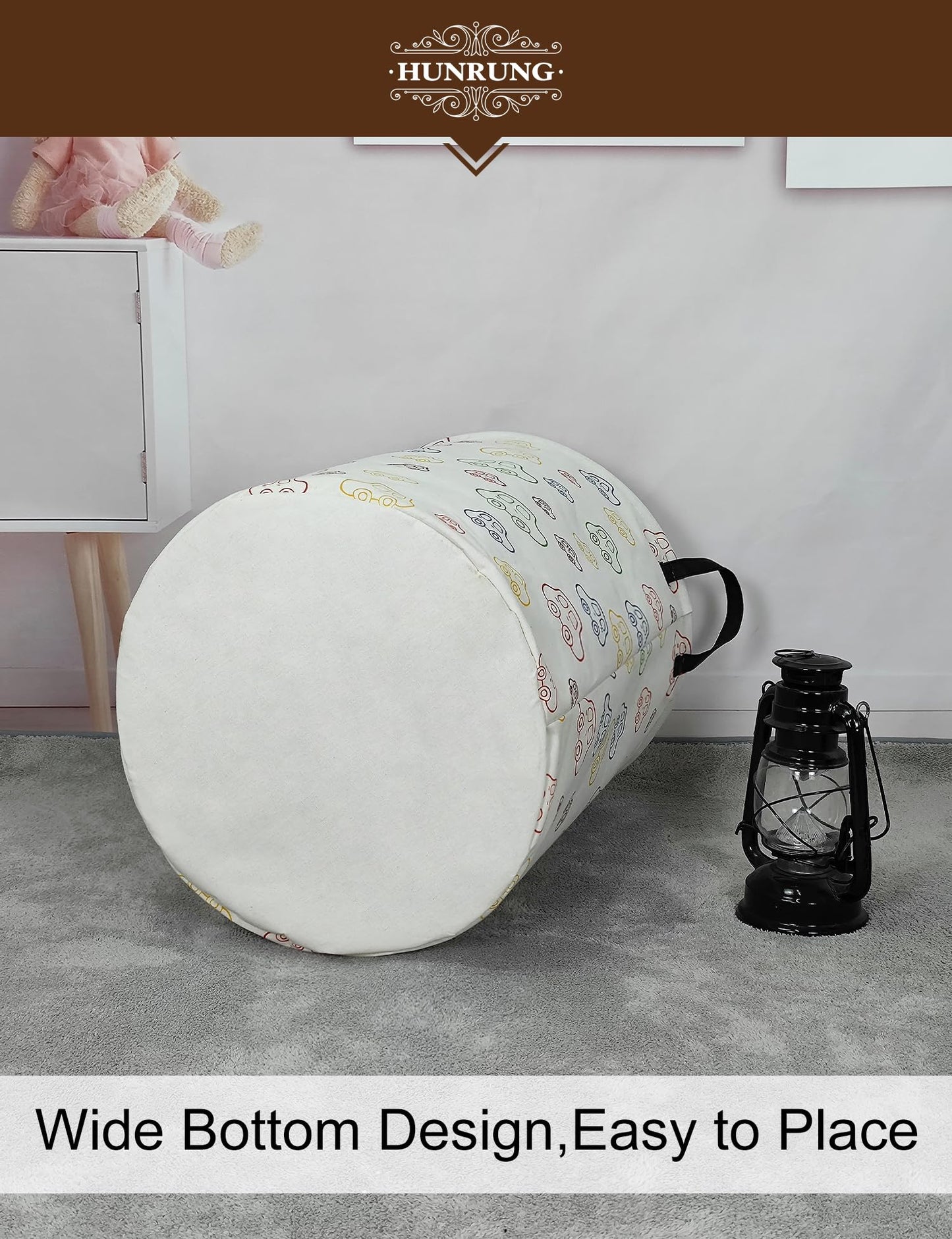 HUNRUNG Laundry Hamper,Large Canvas Fabric Lightweight Storage Basket Toy Organizer Dirty Clothes Collapsible Waterproof for College Dorms（Round-Car）