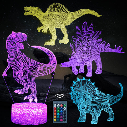 EXOOHOUO 3D Dinosaur Night Light, Dino Lamp for Boys, 4 Pcs Hologram Illusion Dinosaurs Touch Lamp with 16 Color Changing & Remote Dinosaur Gifts for Boy Girl Teen Birthday Bedroom