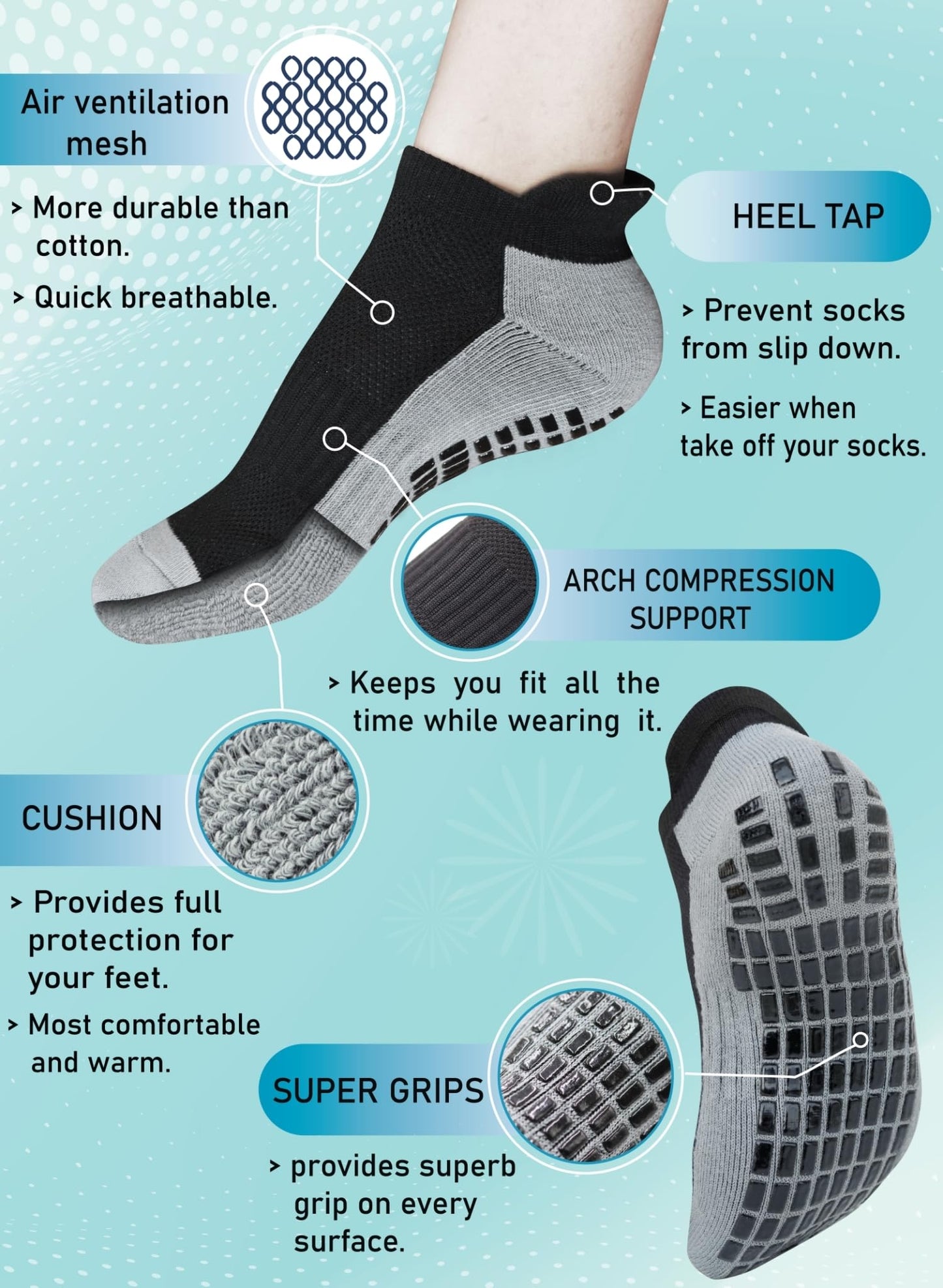 RATIVE Super Grips Anti Slip Non Skid Yoga Hospital Ankle Socks for Adults Mens Womens X-Large (XL,3-Pairs/Black)