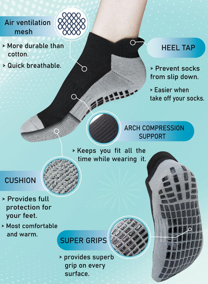 RATIVE Super Grips Anti Slip Non Skid Yoga Hospital Ankle Socks for Adults Mens Womens X-Large (XL,3-Pairs/Black)