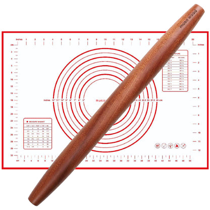 Muso Wood French Rolling Pin and Silicone Baking Mat Set, Sapele Wooden Rolling Pin 15.75 Inch and Tapered Roller for Fondant, Pie Crust, Cookie, Pastry