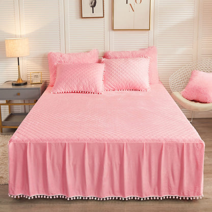 LIFEREVO Luxury Pom Poms Velvet Bed Skirt, Velvet Wrap Around Bed Skirt, Diamond Quilted Fitted Bed Sheet with Bedskirt, 18 Inch Drop Dust Ruffle Decorative Bedspread Pompoms Fringe(Full/Queen, Pink)