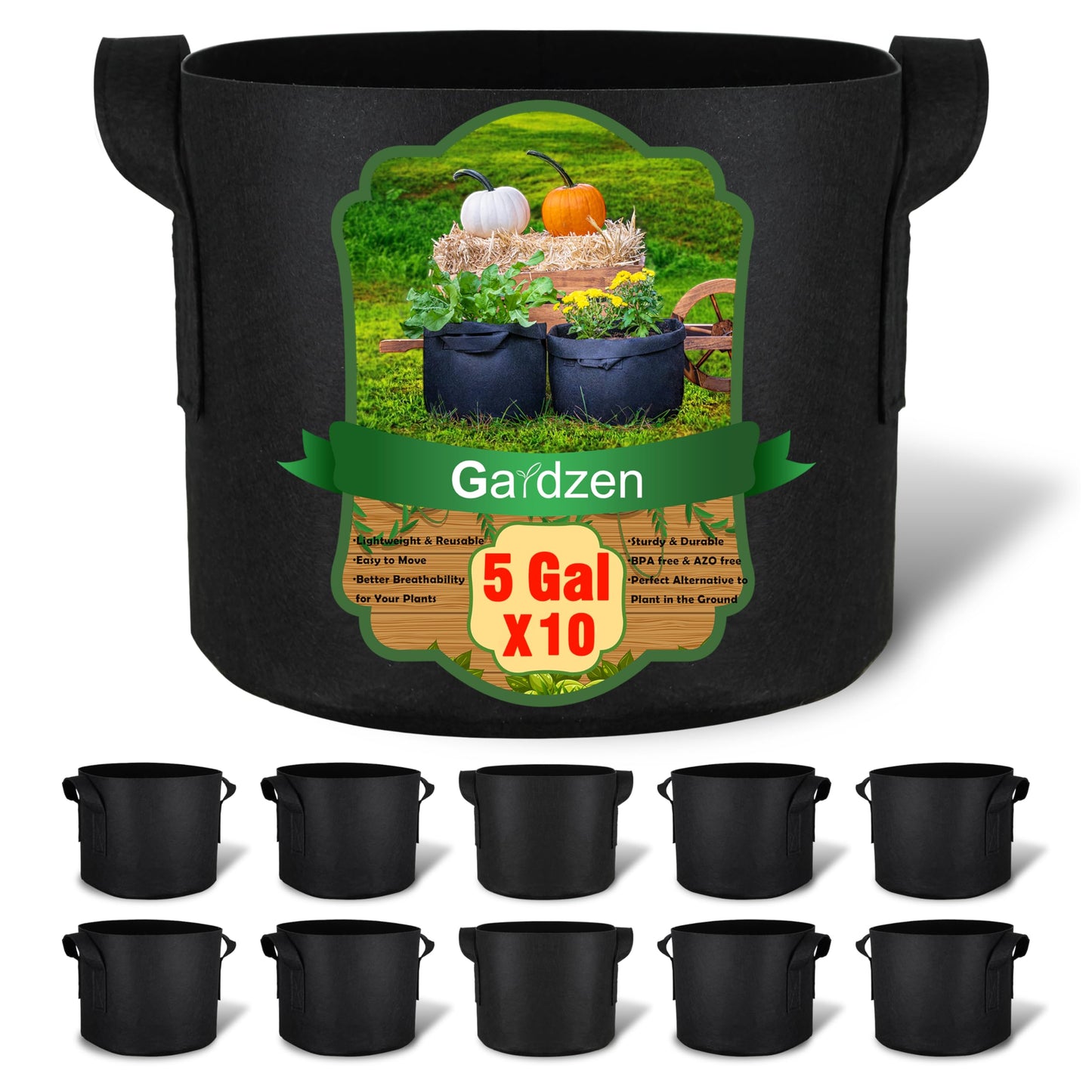Gardzen 10-Pack 5 Gallon Grow Bags, 300G Thickened Aeration Fabric Pots with Handles, Heavy Duty Cloth Pots for Plants