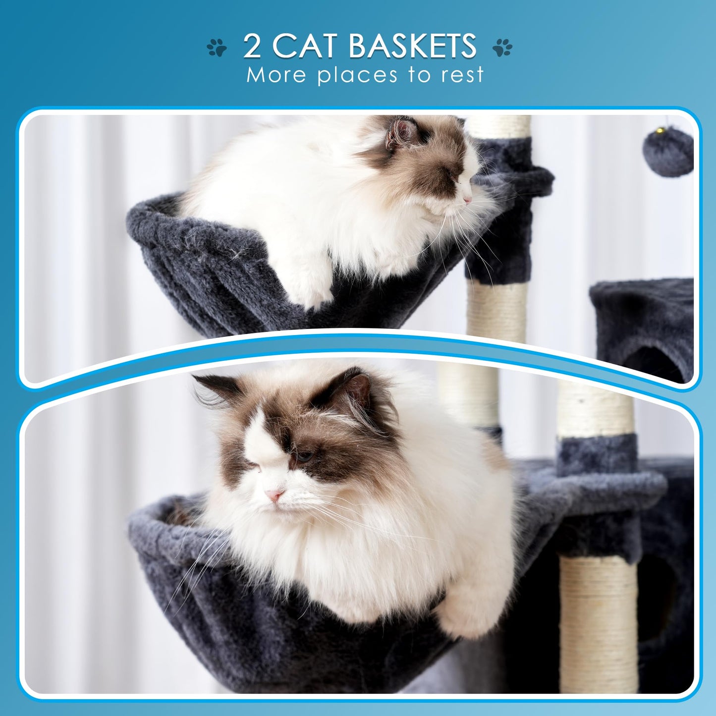 Hey-brother Cat Tree, 74 inches Multi-Level XL Large Cat Tower for Indoor Cats with Three Cat Condos, Two Large Top Decks and Cat Hairbrushfor Kittens, Cats and Pets, Smoky Gray MPJ035-MG