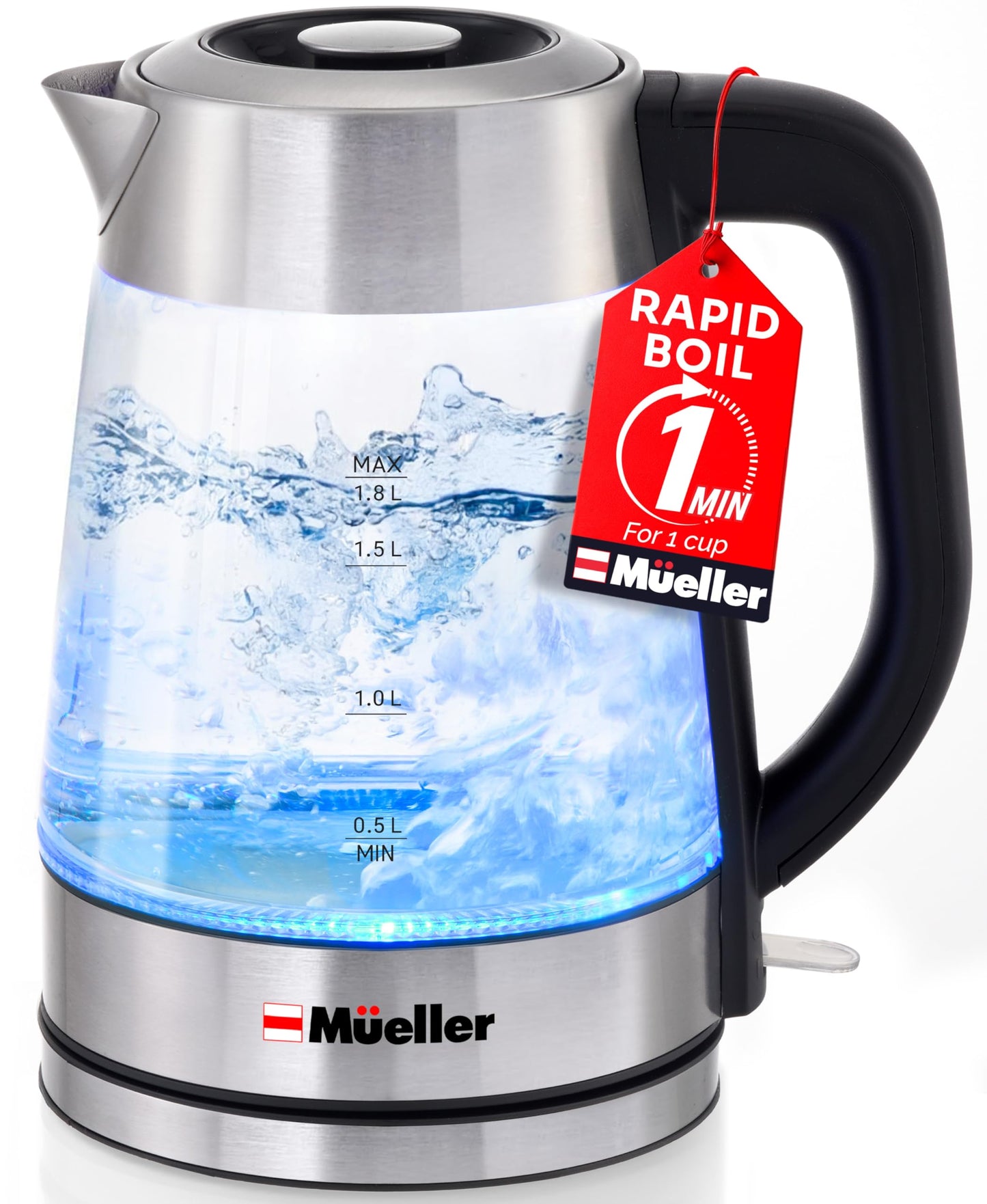 Mueller RapidBoil Electric Kettle 1.8L – Borosilicate Glass & Stainless Steel – BPA-Free Tea Kettle, LED Light, Auto Shut-Off, Boil Dry Protection Water Heater – Fast Heating, Kitchen Essentials
