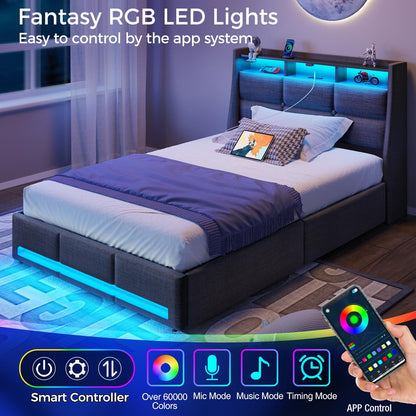 Rolanstar Twin Size Bed Frame with LED Lights and Charging Station, Upholstered Bed Storage Headboard & Drawers, Heavy Duty Wood Slats, Easy Assembly