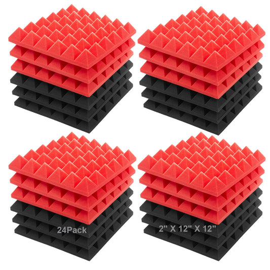 JBER Acoustic Sound Foam Panels, 24 Pack 2" X 12" X 12" Red and Black Soundproofing Treatment Studio Wall Padding Sound Absorbing Fireproof Pyramid