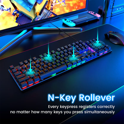 RisoPhy Mechanical Gaming Keyboard, RGB 104 Keys Ultra-Slim LED Backlit USB Wired Keyboard with Blue Switch, Durable Abs Keycaps/Anti-Ghosting/Spill-Resistant Computer Keyboard for PC Mac Xbox Gamer