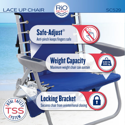 RIO Gear Beach Lace-Up Suspension Folding Beach Chair, Navy , 44.7" x 25.5" x 26.5"