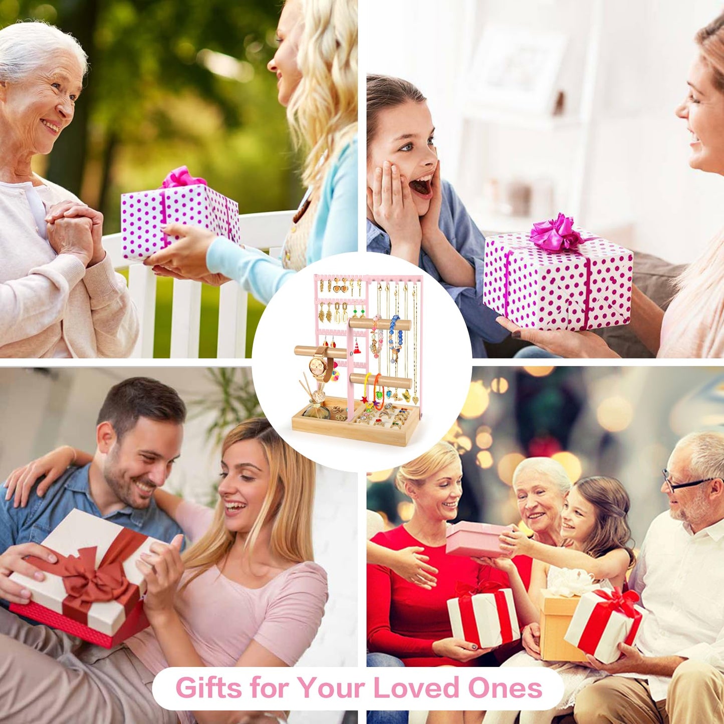 Godboat Jewelry Organizer - Earring Holder with 48 Holes, 6 Hooks Necklace Organizer, Bracelet and Ring Stand with Jewelry Box, Mothers Day Gifts for Women, Mom, Preppy Stuff & Room Decor, Pink