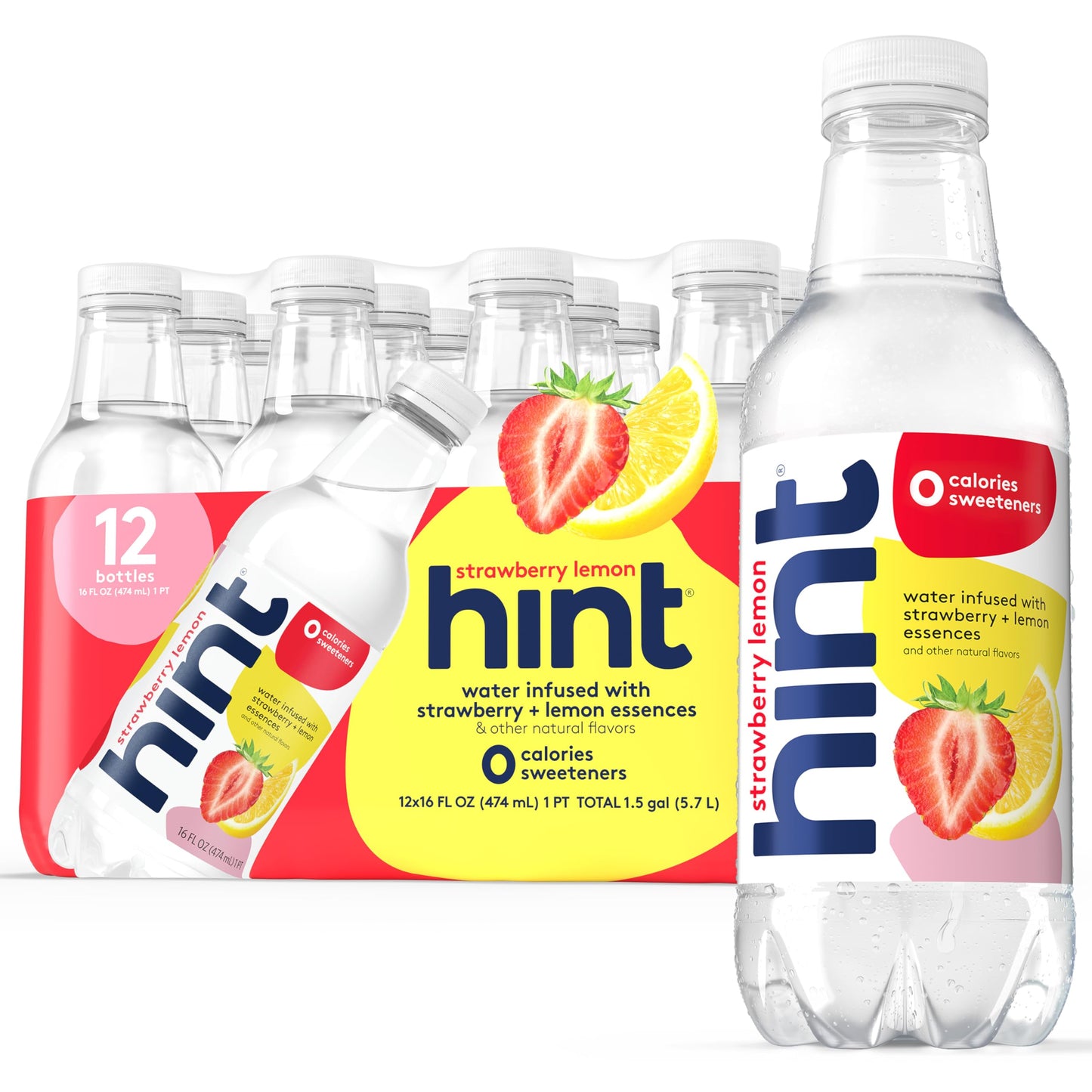 Hint Water Strawberry Lemon, Pure Water Infused with Strawberry and Lemon, Zero Sugar, Zero Calories, Zero Sweeteners, Zero Preservatives, Zero Artificial Flavors,16 Ounce Bottles, (Pack of 12)