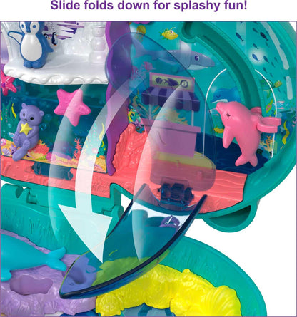 Polly Pocket Otter Aquarium Compact, Aquarium Theme with Micro Polly & Nicolas Dolls, 5 Reveals & 12 Accessories, Pop & Swap Feature, Great Gift for Ages 4 Years Old & Up