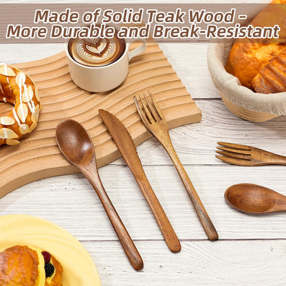 Geiserailie 12 Pcs Wooden Utensils for Eating Wooden Spoon Fork Knife Cutlery Set Kitchen Wood Dinner Flatware Tableware Set Includes Spoon, Fork, Knife (Teak Wood)