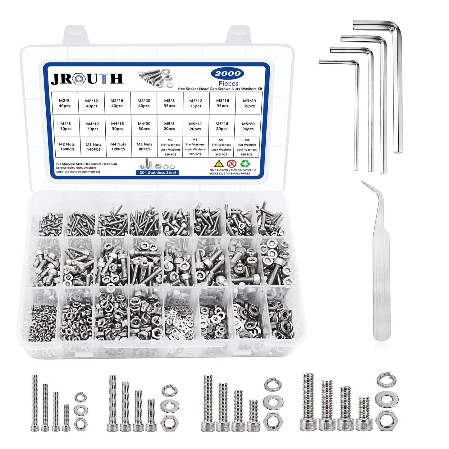 JROUTH 2000PCS M2 M3 M4 M5 Hex Socket Head Cap Screws，Bolts Nuts Washers Spring Washers Assortment Kit, 304 Stainless Steel Hex Socket Cap Metric Screws with Wrenches and Tweezers