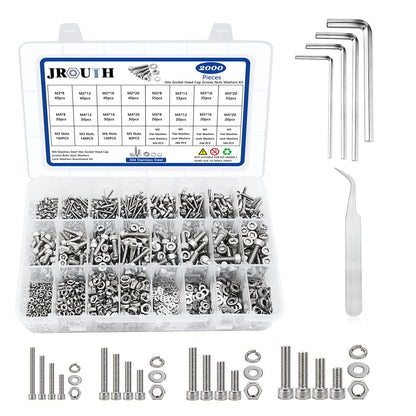 JROUTH 2000PCS M2 M3 M4 M5 Hex Socket Head Cap Screws，Bolts Nuts Washers Spring Washers Assortment Kit, 304 Stainless Steel Hex Socket Cap Metric Screws with Wrenches and Tweezers