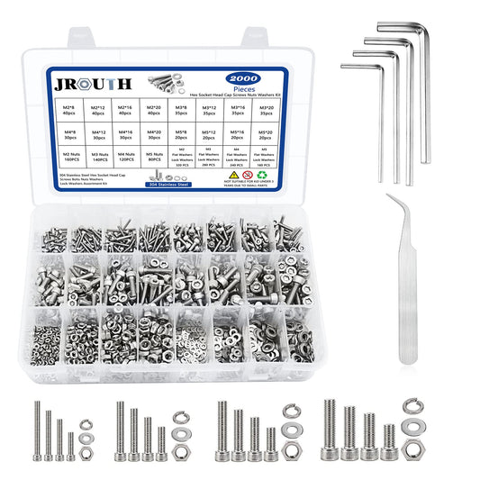 JROUTH 2000PCS M2 M3 M4 M5 Hex Socket Head Cap Screws，Bolts Nuts Washers Spring Washers Assortment Kit, 304 Stainless Steel Hex Socket Cap Metric Screws with Wrenches and Tweezers
