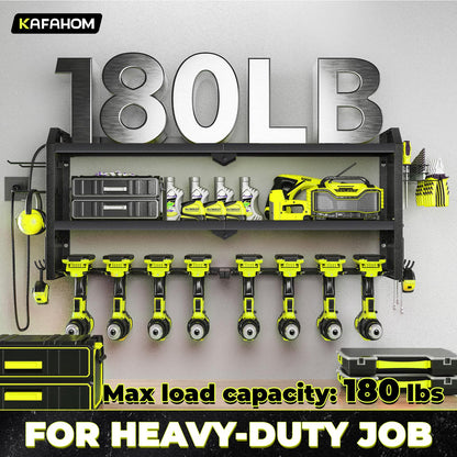 KAFAHOM Power Tool Organizer with Charging Station, Built in 8 Outlet Power Strip,Large 8 Drill Holder Wall Mount, Heavy Duty Metal Power Tool Storage Rack Tool Shelf for Garage Organization Black