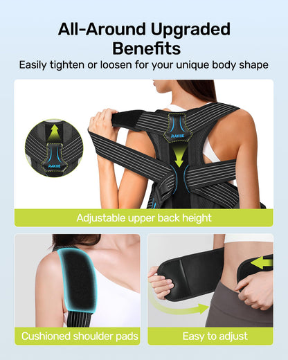 Rakiie Posture Corrector for Women and Men, Upgraded Back Brace with Enhanced Support, Shoulder Straightener with Cushioned Shoulder Pads & Underarm Pain Relief Strap, Size M (Underbust: 35.4"-41")