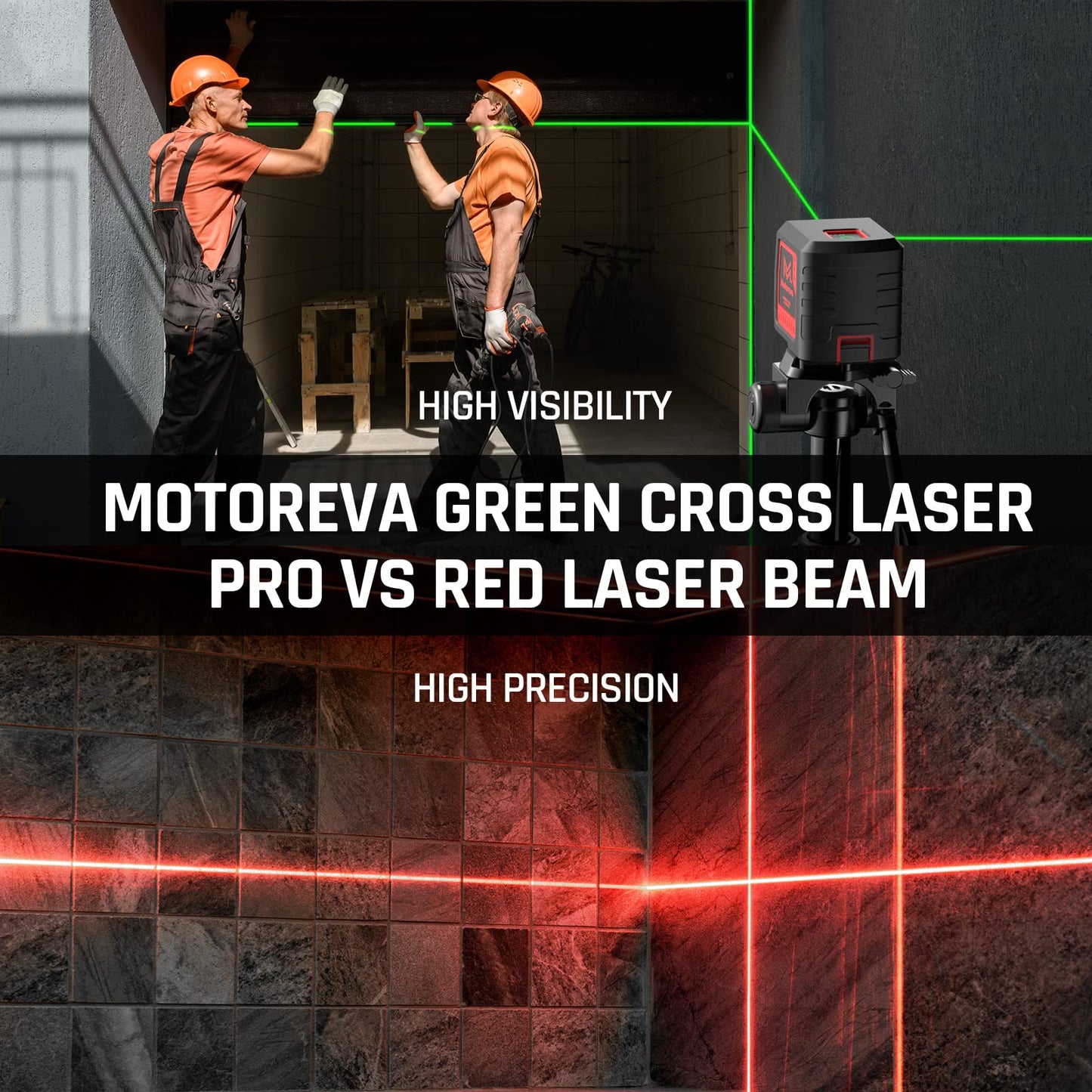 Motovera Laser Level, 100 feet Self Leveling Laser Level, Green Cross Line Rotary Lasers, 4 Brightness Adjustment, Manual Self leveling and Pulse Mode, IP54 Waterproof Battery Carrying Bag Included